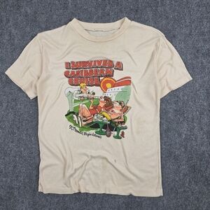 70s Vintage Unbranded 50/50 Cotton Blend T-Shirt Tan Cream Medium Single Stitch